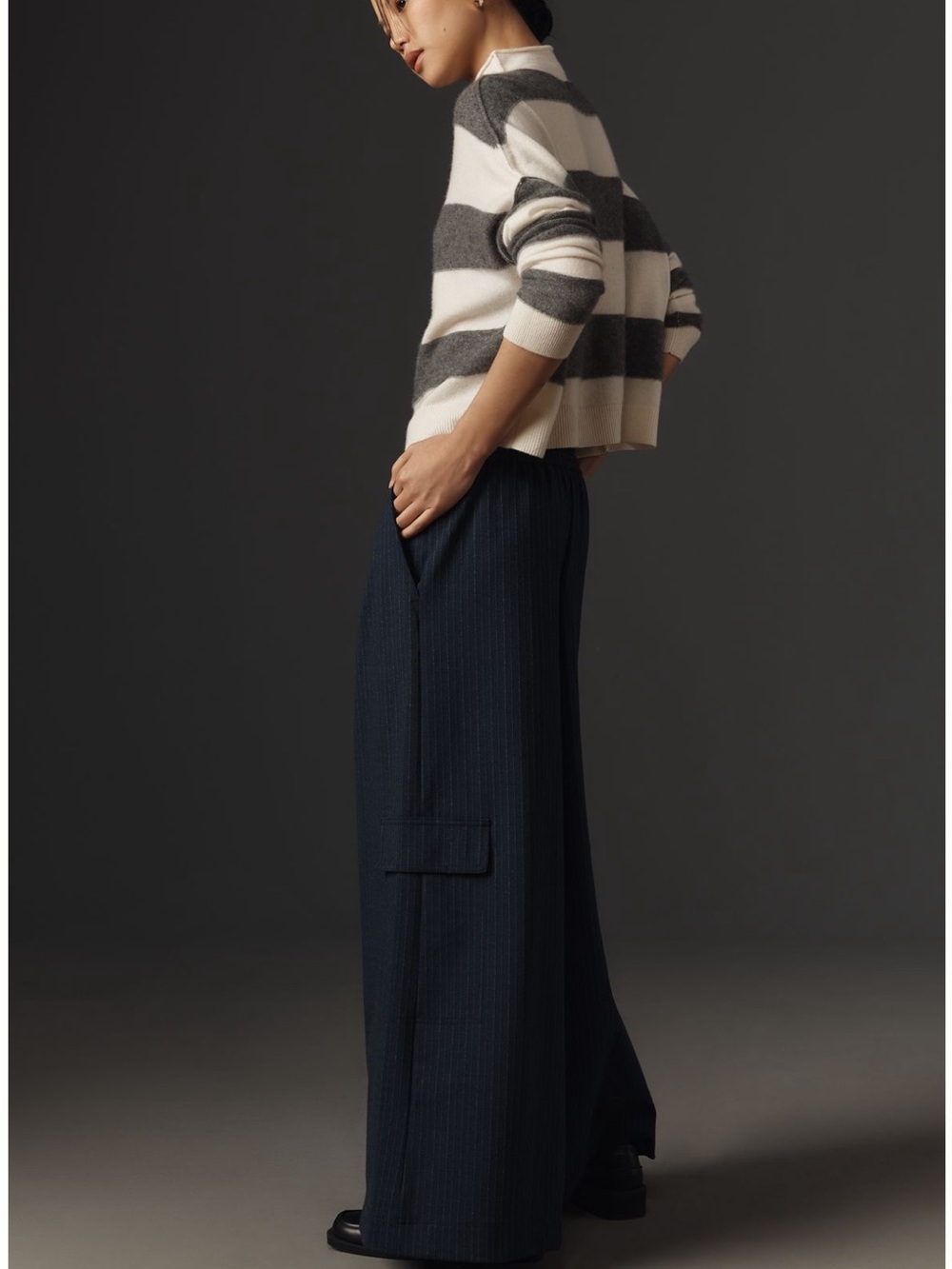 Maeve Wide-Leg Pinstripe Drawstring Pants in Navy - Picture 5 of 13